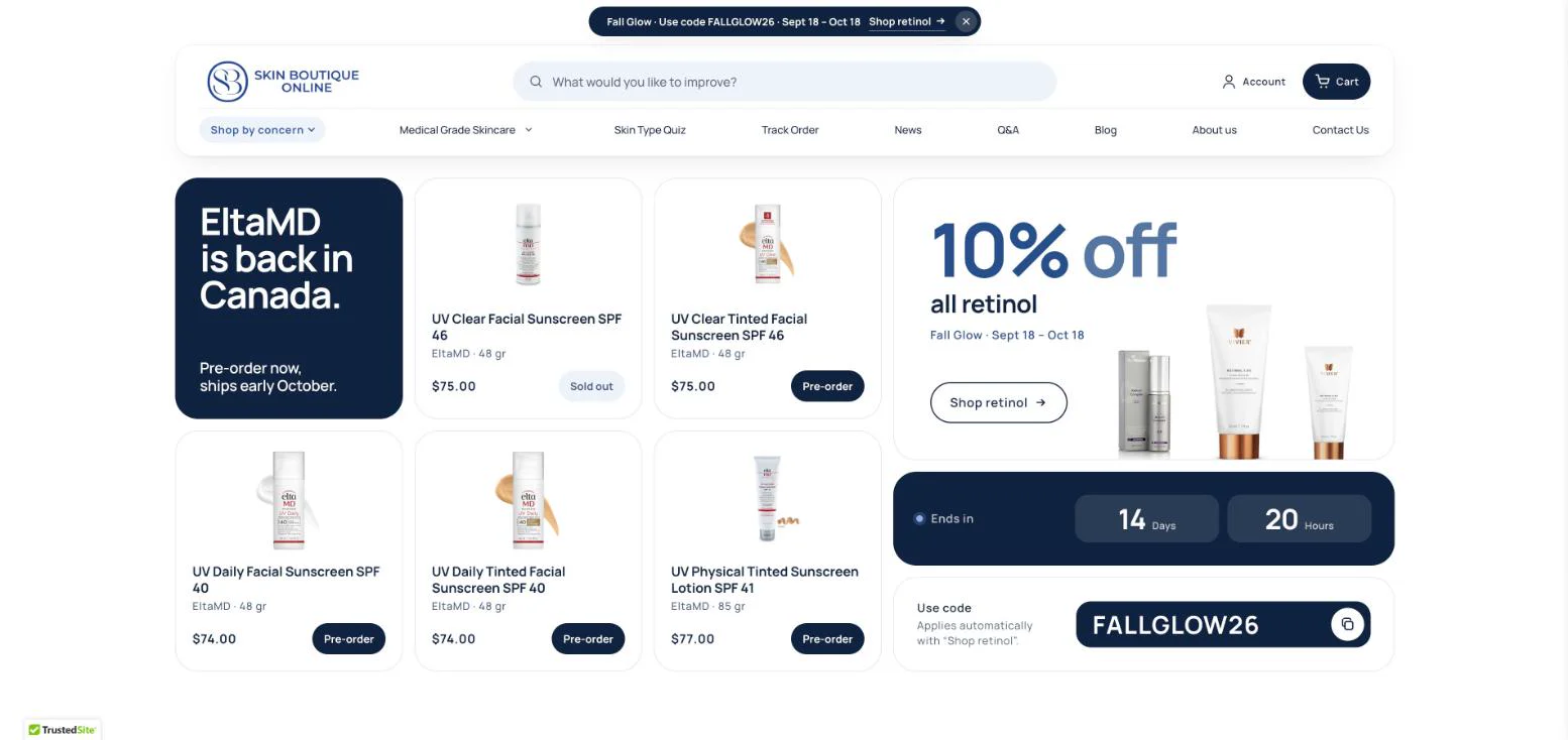 Skin Boutique Online skincare storefront, part of its ongoing creative direction.
